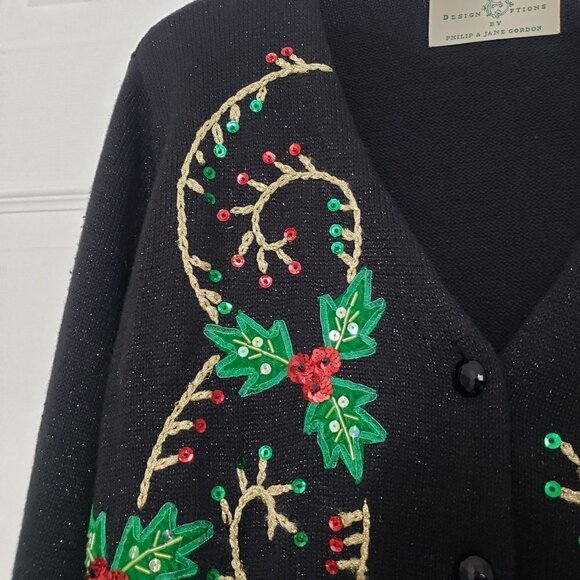 Design Options Holly Berry Cardigan Beaded Sequin Holiday Sweater Womens Sz XL - Picture 3 of 12